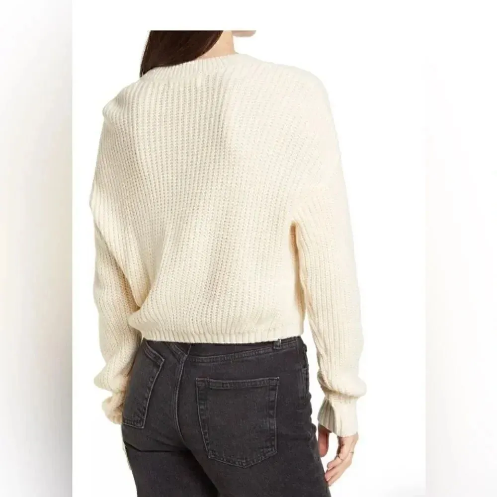 Elodie Waffle Knit Cropped Sweater Women's Purple  Long Sleeve Crew Neck S - Image 9