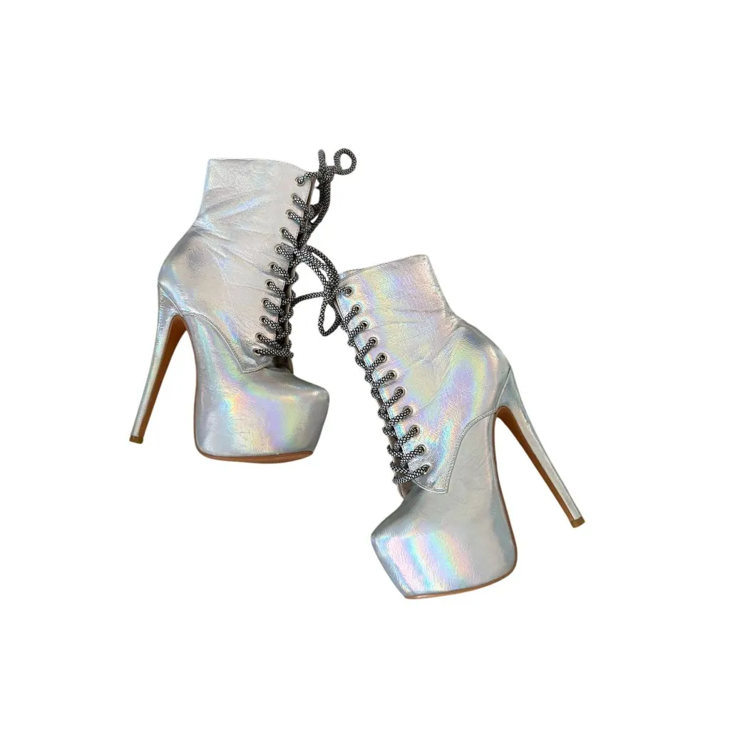 IRIDESCENT Silver Metallic Platform Heels Boots Size US 6 - Image 4