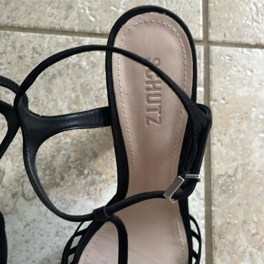 Schutz Roxi Nubuck T-strap Platform Sandals In Black - Image 4