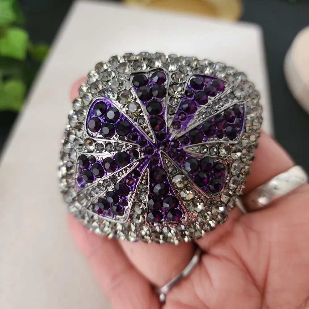 Vintage Chunky Hinge / Clamper Dome Bracelet with Purple Smokey Crystal Stones - Image 2