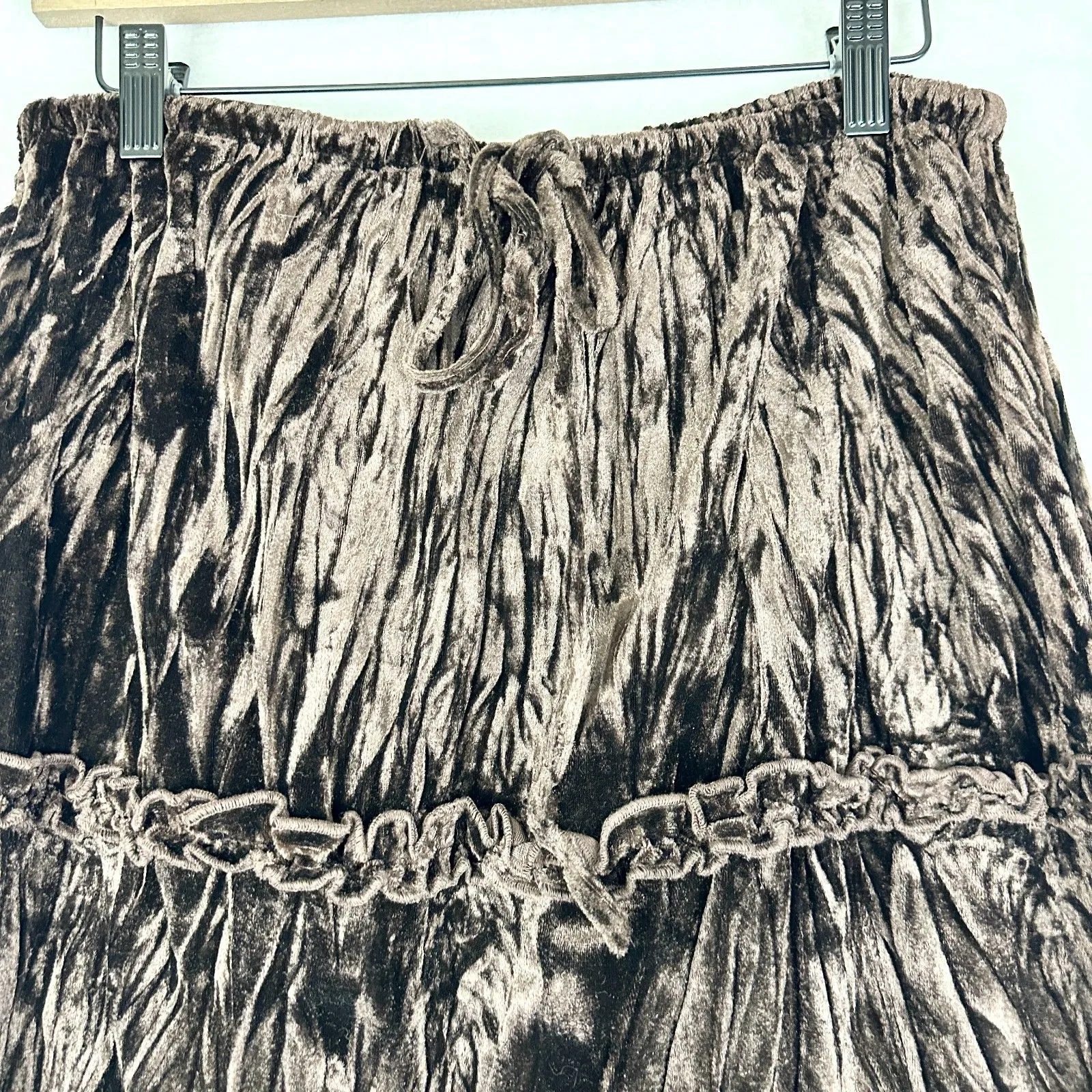 Vintage Y2K Velvet Tiered Midi Skirt Size Large Brown Boho Whimsigoth Fairy - Image 4