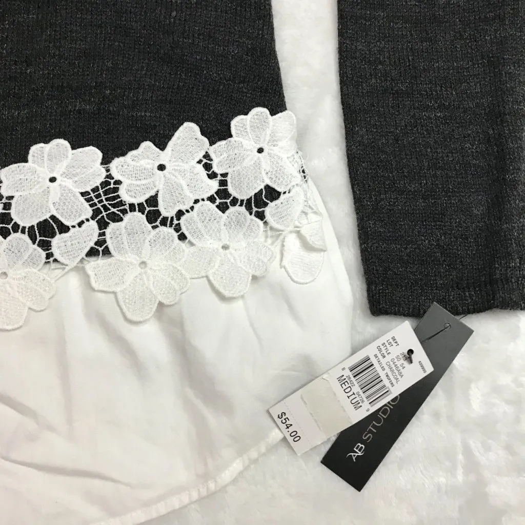 AB Studio Cotton Blend Faux Layered Long Sleeve Sweater Charcoal Gray Medium - Image 7