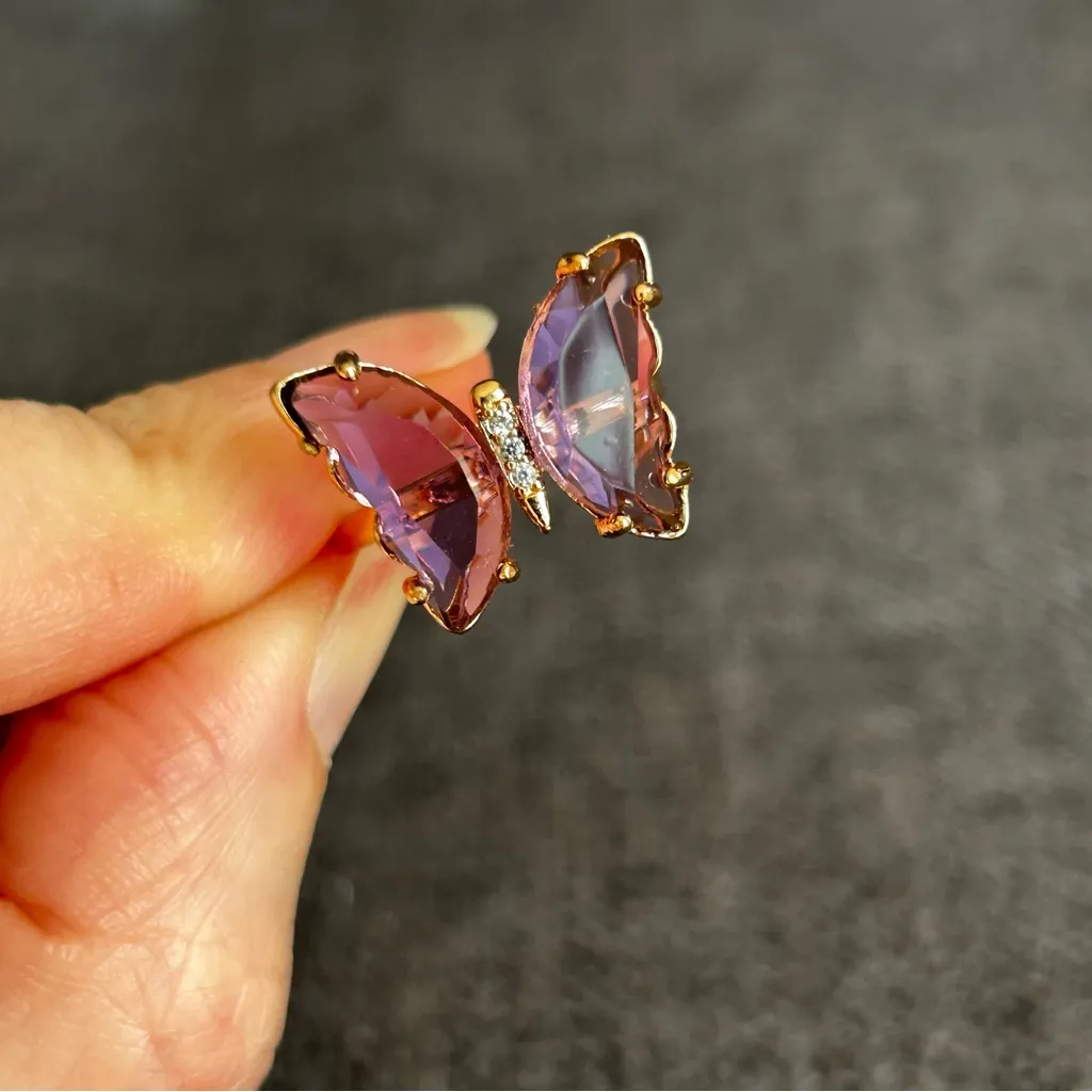 Pretty DARK PURPLE Butterfly Gemstone Fashion Ring, Gold, Adjustable (Fits Most) - Image 12