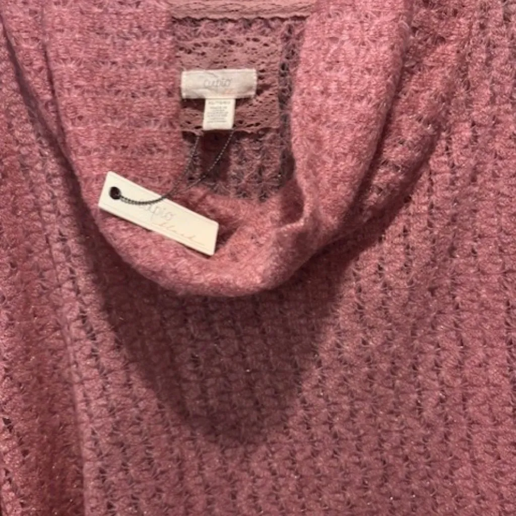 Cupio XL Pink Rose Gold Sparkle Loose Knit Cowl Drape Sweater Romantic Chic - Image 8