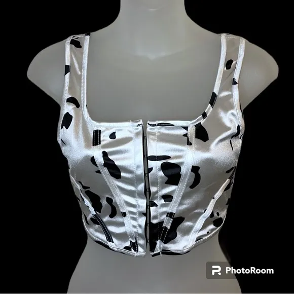 Women’s Cow Print Corset Style Crop Tank Size Small White - Image 2