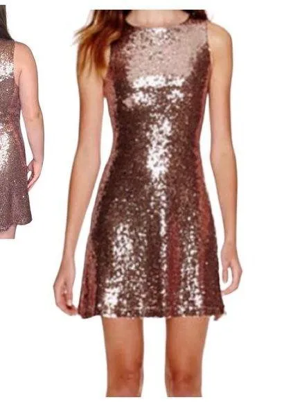 Speechless Rose Gold SEQUIN DRESS Size 7 Peek A Boo Zip Fit Flare Slip Mob Wife - Image 2