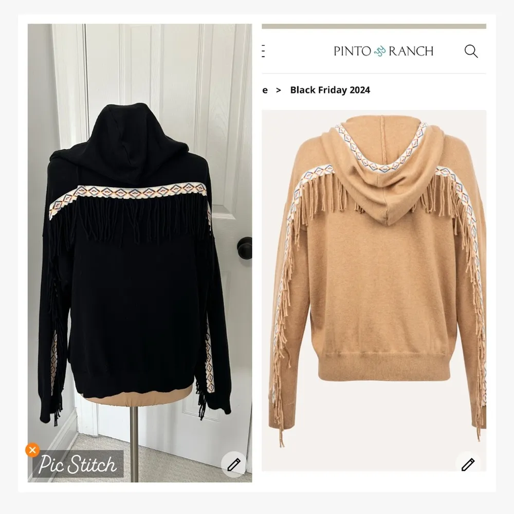 Minnie Rose Western Fringe Full Zip Hooded Cardigan Black Tan Size L - Image 3