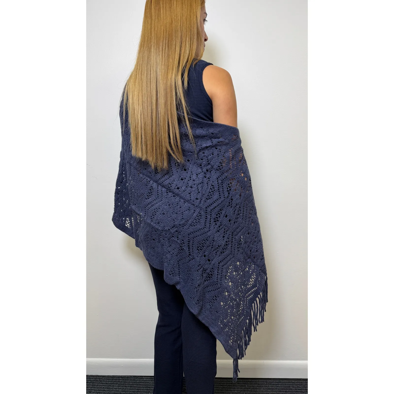 Navy blue open-knit poncho - Image 3