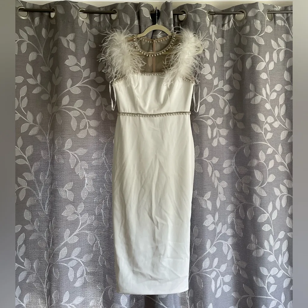 Mac Duggal White Feather Cap Sleeve Pearl Embellished Tea-length Fit Dress - Image 4