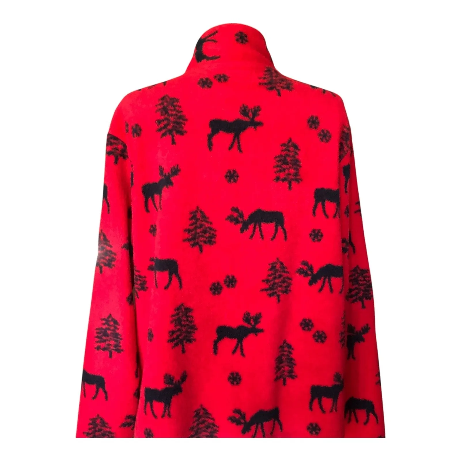 Diagonal Red Fleece Zip Front Jacket Moose Tree Snowflake Print Women's Sz Large - Image 5