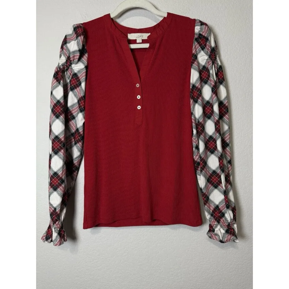 LOFT Women’s Ribbed Henley Red Plaid Mixed Media Puff‎ Shirred Ruffle Sleeves S - Image 14