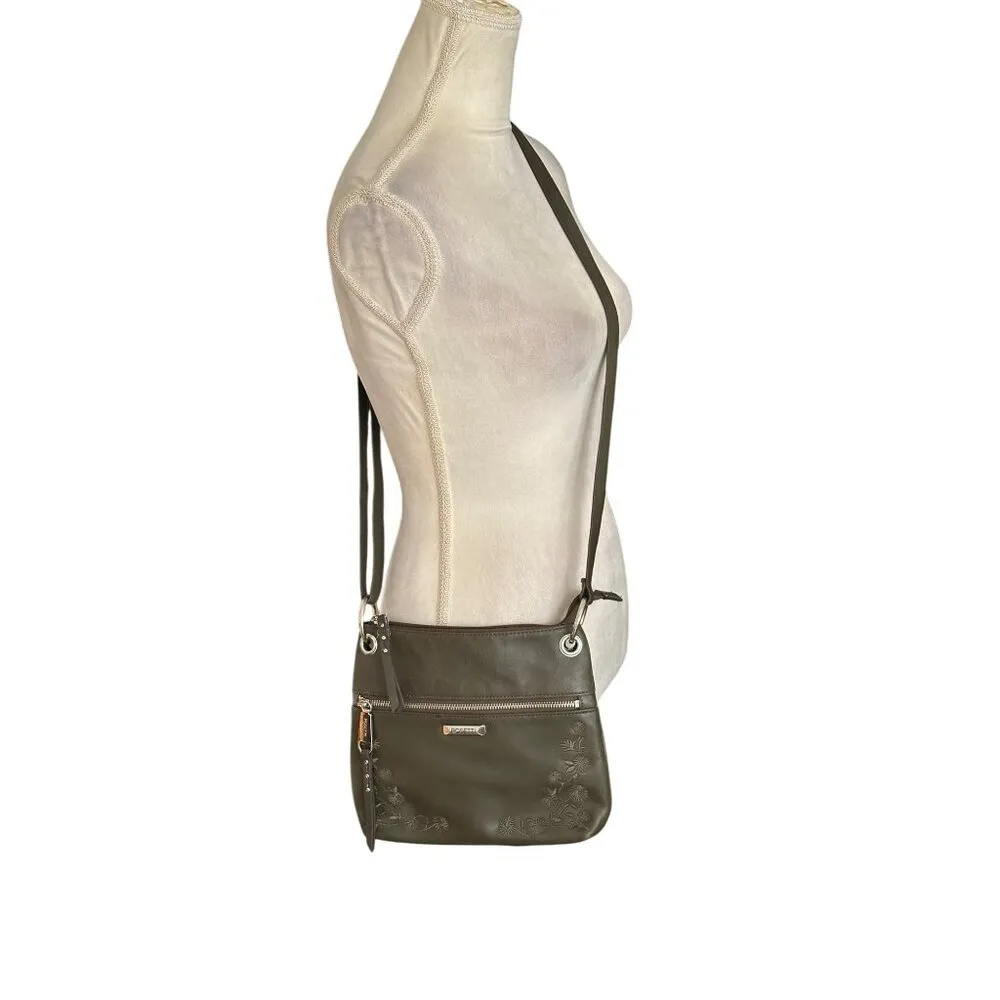 Rosetti Olive Green Floral Embossed Faux Leather Crossbody Bag Adjustable Strap - Image 2