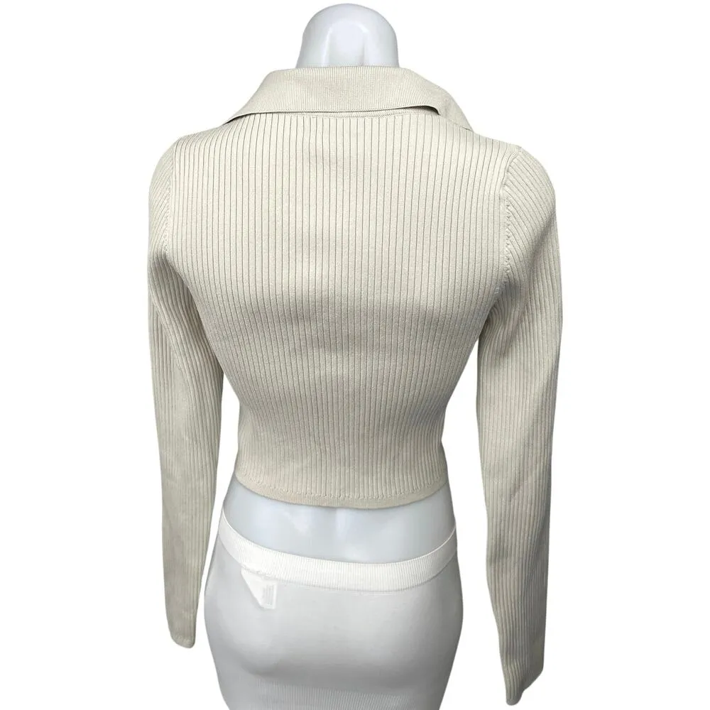 Aritzia Babaton White Ribbed Knit Vneck Collar Long Sleeve Crop Polo Shirt Top M - Image 2