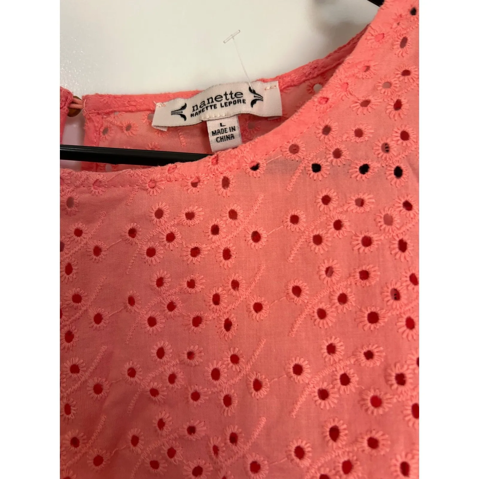 NEW Nanette‎ Lepore 100% Cotton Womens Pink Embroidered Floral Eyelet Top sz L - Image 6