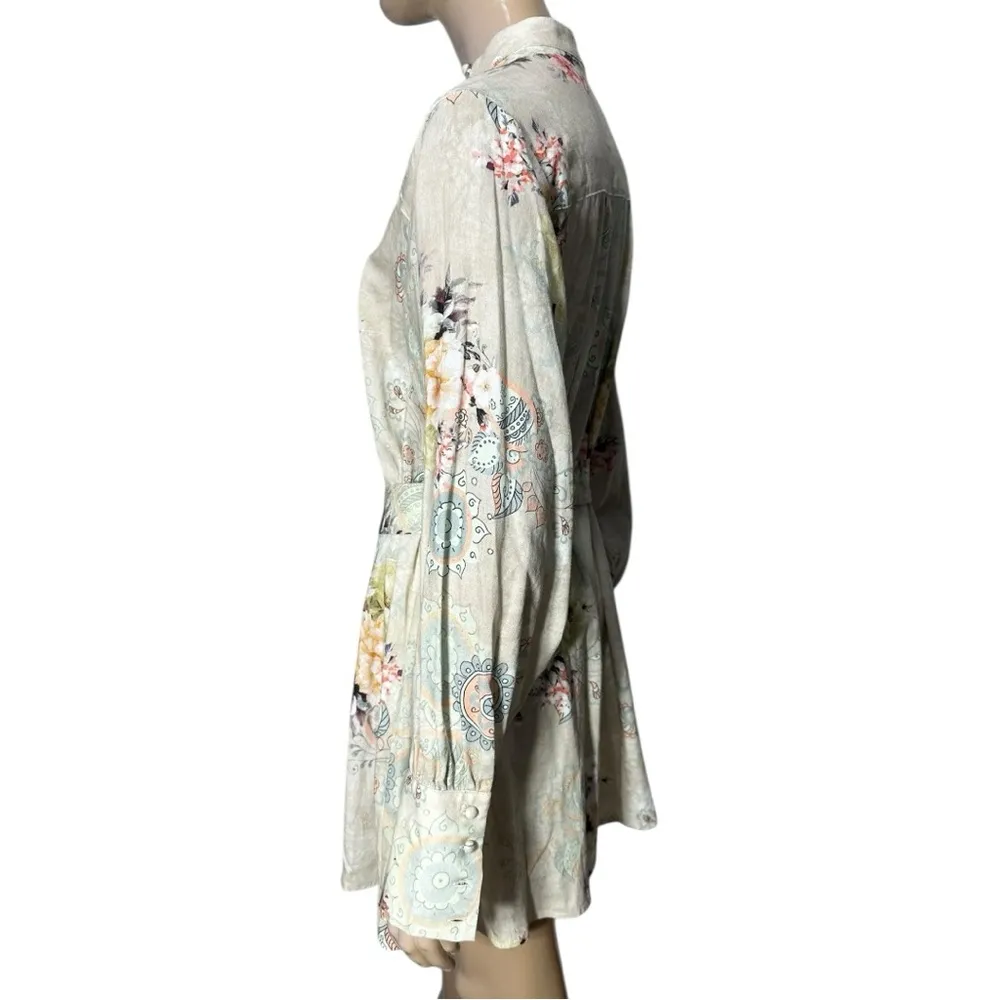 Elliatt Sz L Light Gray Floral Linen Blend Belted Cyprus Puff Sleeve Mini Dress - Image 7