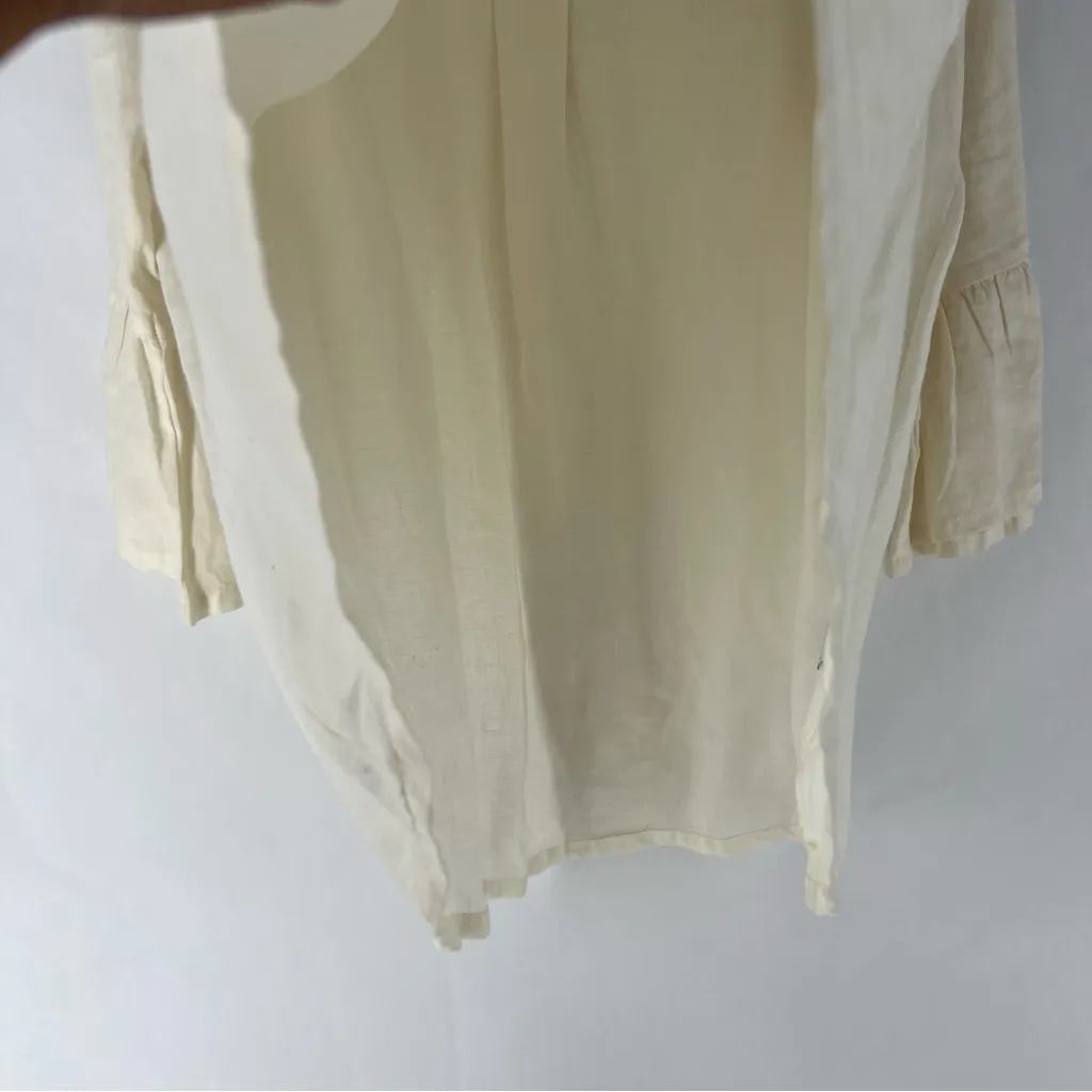 Bryn Walker Off White Light Linen Round Neck Ruffle 3/4 Bell Sleeve High-Low Top - Image 5