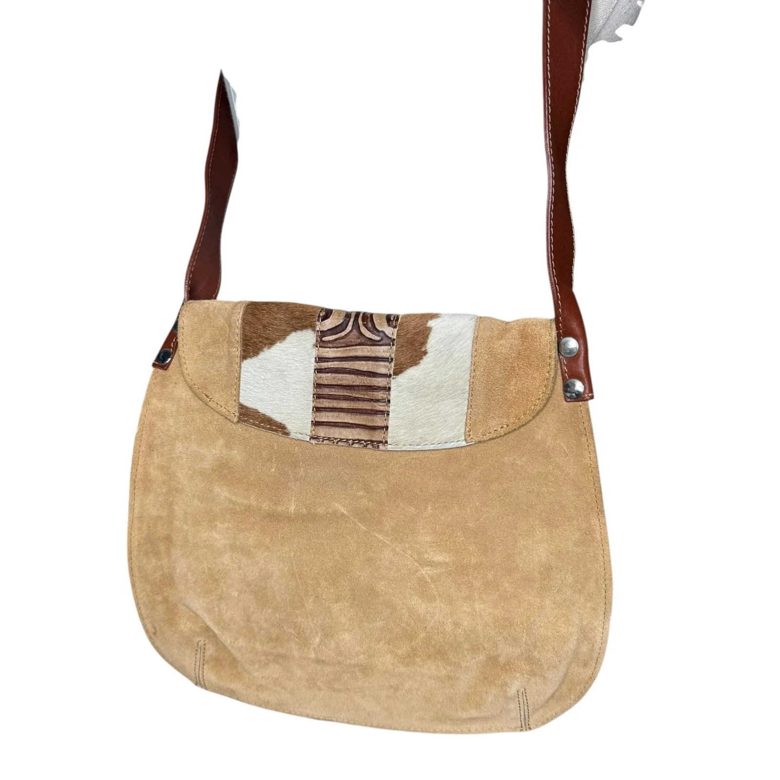 Claudia Firenze Suede Leather Crossbody Bag Purse Cowhide Tan Brown Italy - Image 2