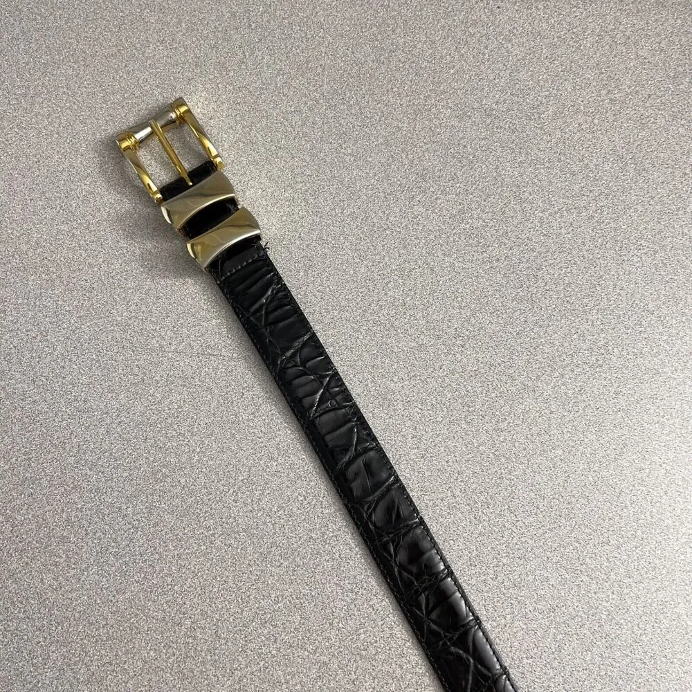 WCM New York Womens Leather Belt Medium Gold Toned Embossed Italian Dress USA Black - Image 3