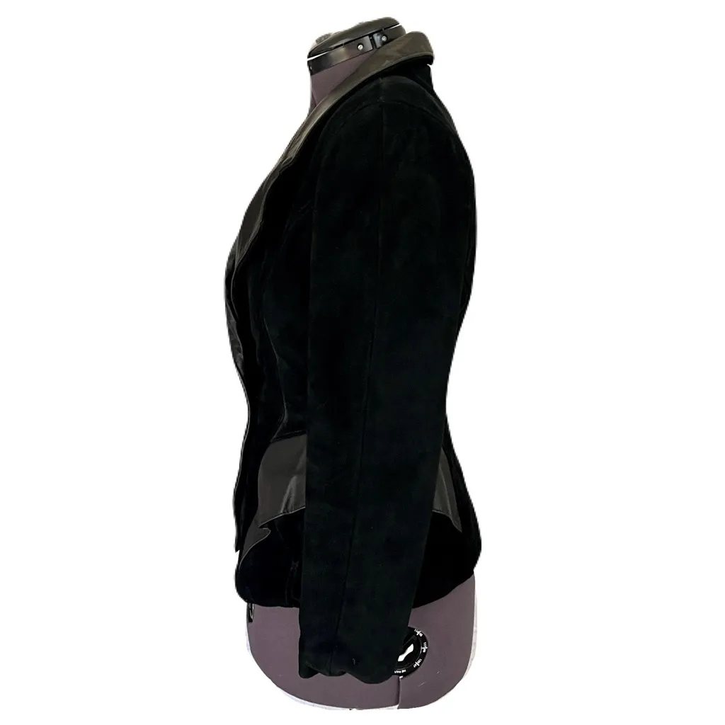 Vintage 80s Outerwear by Phoenix Black Suede and Leather Trim Jacket, Size 5 - Image 2