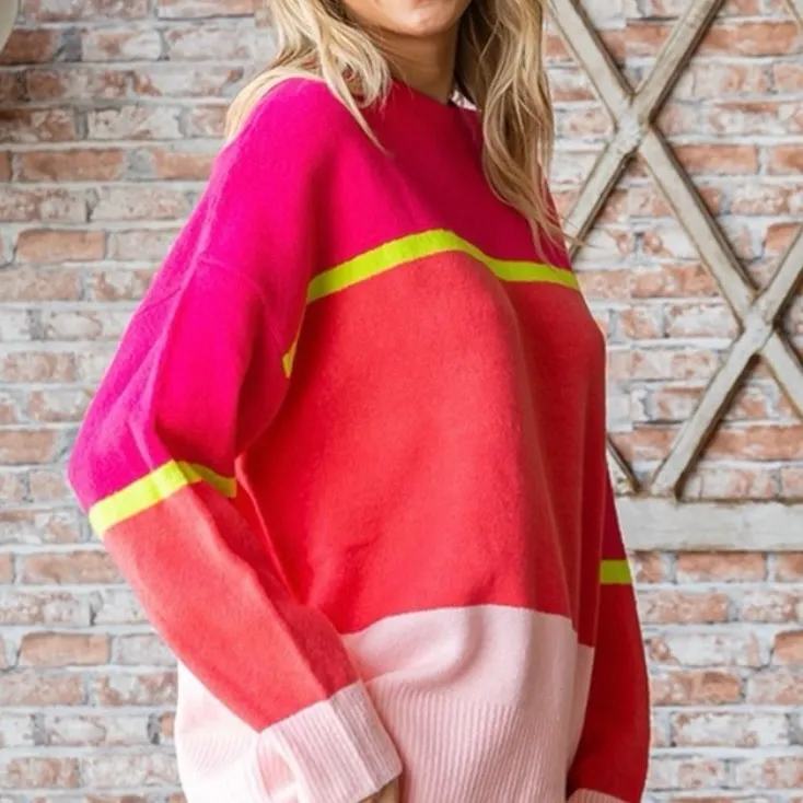 First Love Oversized Cozy Boutique Sweater Pink Stripe Colorblock Plus Size 2X - Image 4