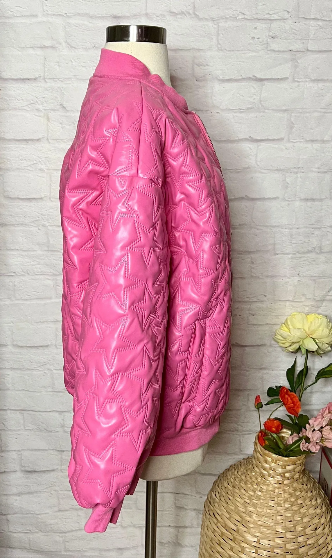 Faux Leather Star Bomber Jacket Pink Size XS - Image 7
