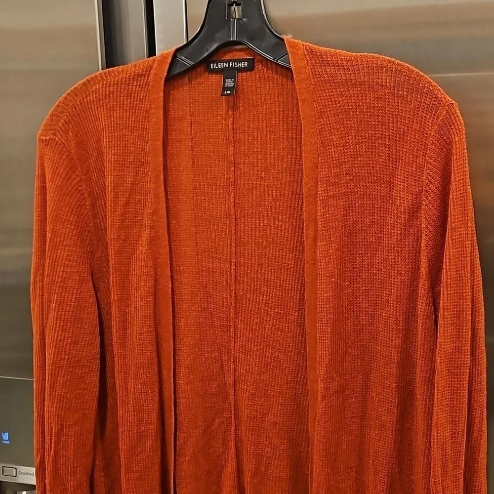 💕EILEEN FISHER💕 Long Organic Linen Blend Cardigan ~ Rust Orange Medium - Image 3