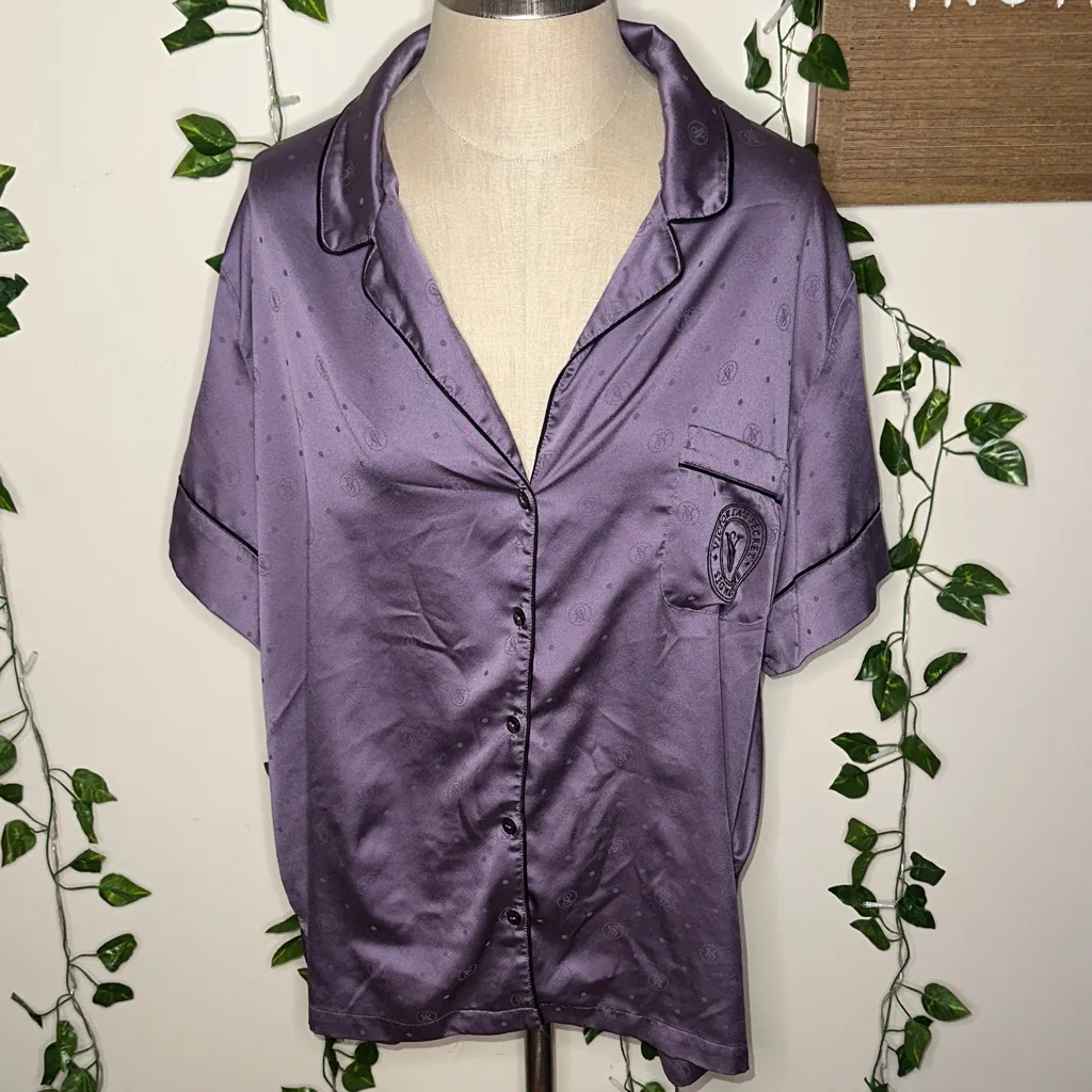 Victoria’s Secret Silky Style Button Up Pajama Shirt Purple Polka Dot - Image 2