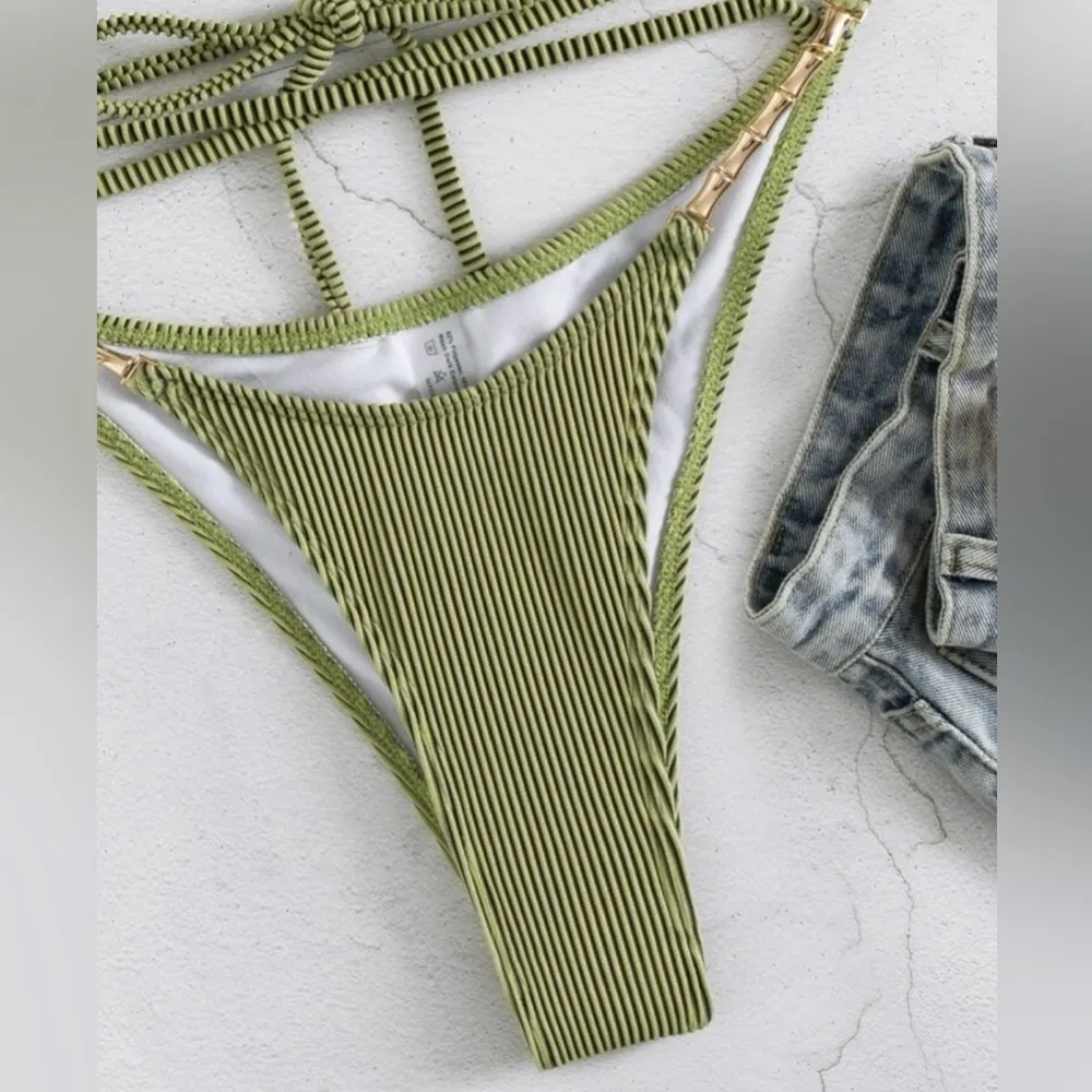 SHEIN Ribbed Chain Linked Lace Up Underwire Bikini, Green, Size S, NWOT - Image 5