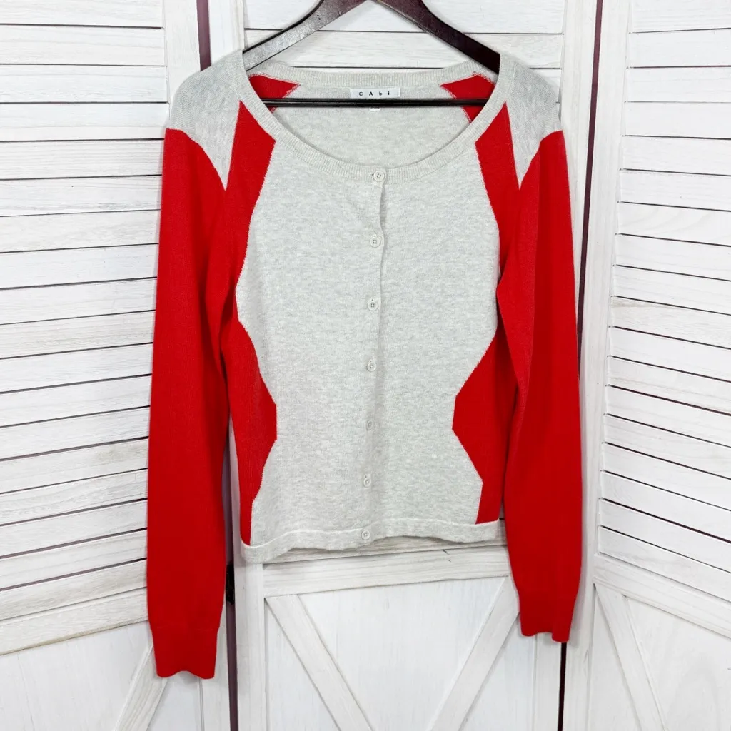 Cabi Colorblock Button Up Cardigan Sweater Tan Coral Red Medium - Image 6