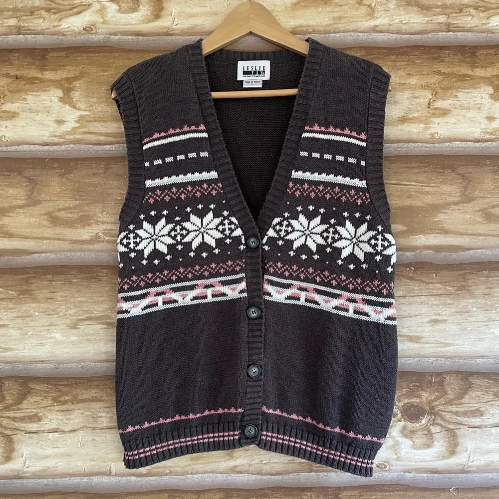 Vintage Leslie Fay Sportswear Nordic Star Fair Isle knit vest size large - Image 2