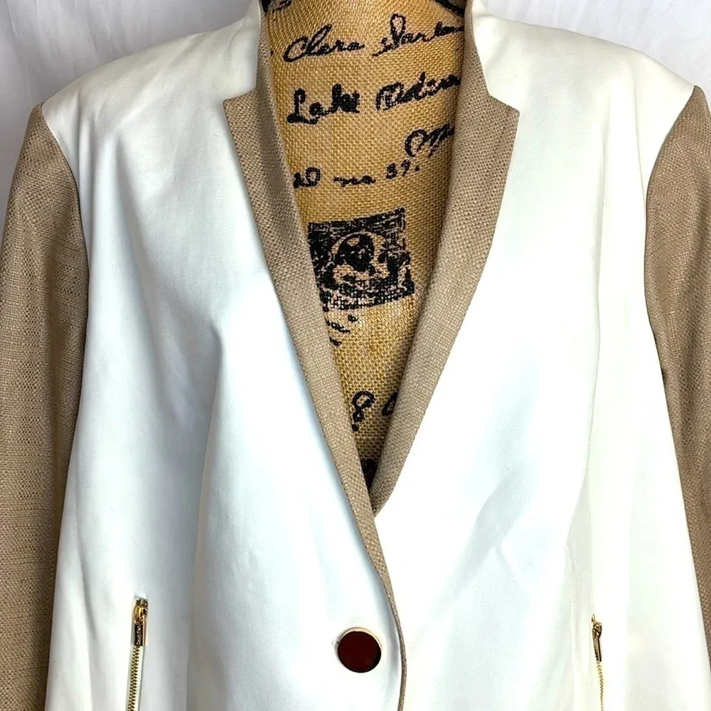 Calvin Klein Womens Linen Blend Khaki White Gold Zipper Pockets Blazer - Image 5
