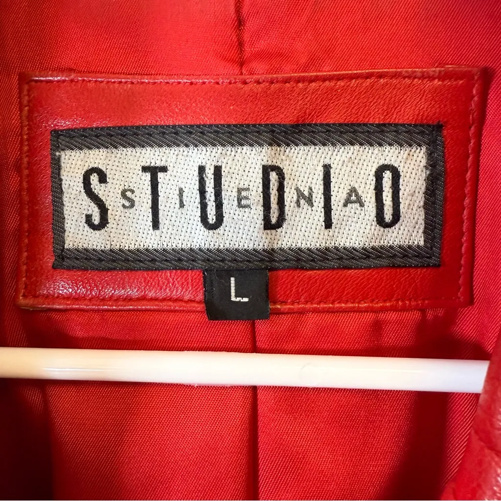 Vintage Studio Retro 80’s Red Leather Jacket Padded Shoulders Womens Size Large - Image 3