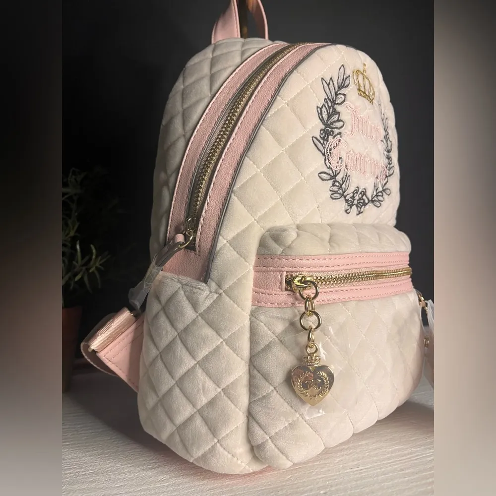 Juicy Couture Royal Moment Quilted Velour Medium Backpack w Pink Heart Charm NWT - Image 6