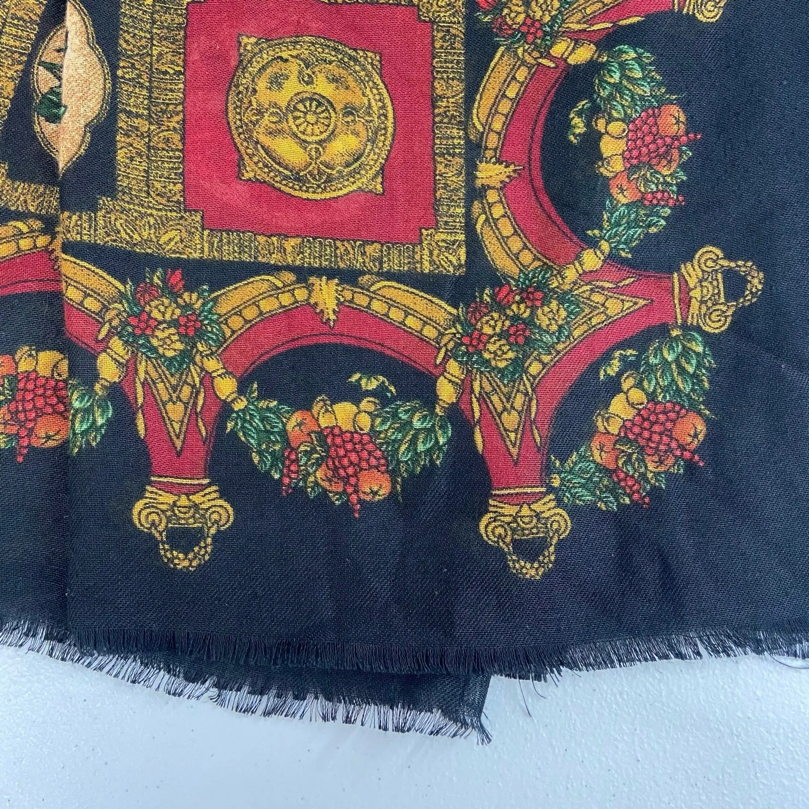 Women's vintage black‎ rose renaissance fruit fringe lightweight fashion scarf - Image 2