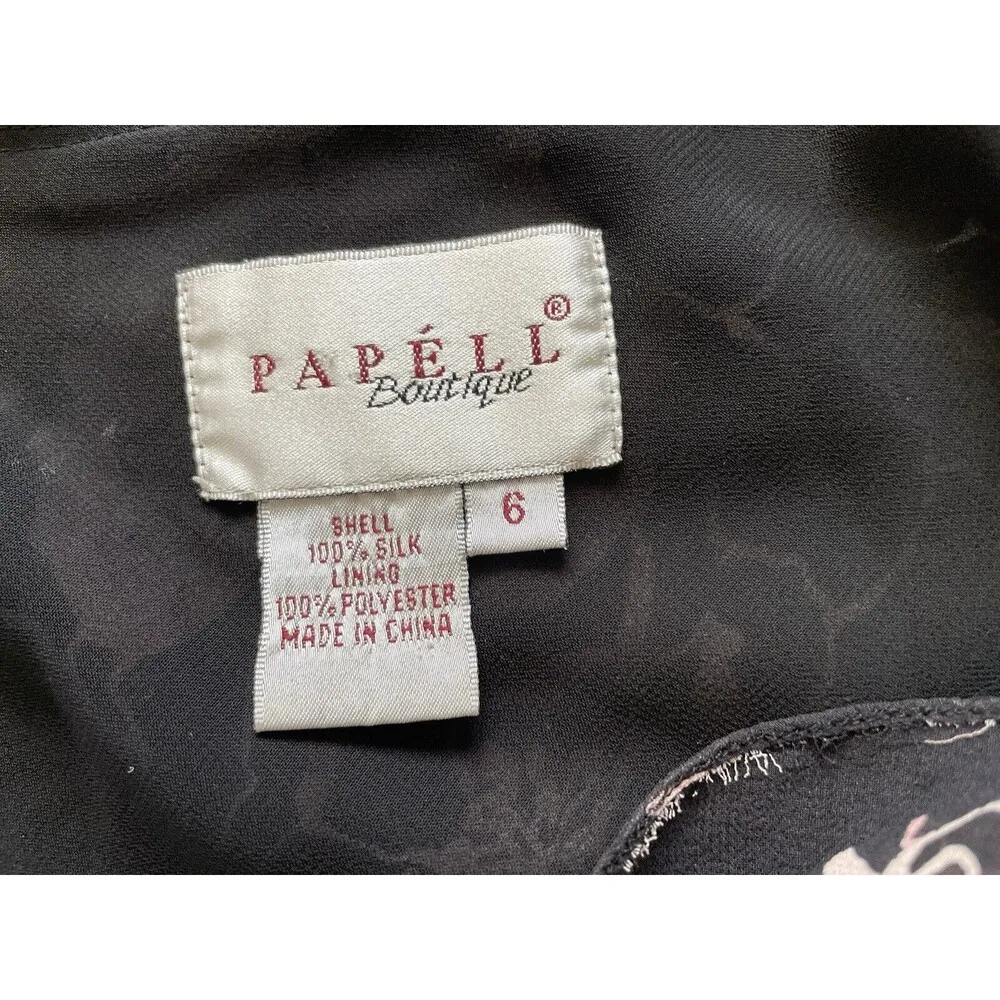 VTG Papell Boutique Evening Black & Pink 100% Silk Floral Raffles Dress Size 6 - Image 5