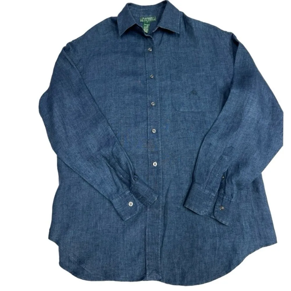 Lauren Ralph Lauren 100% Linen Long Sleeve Button Up Blue Top Blouse Size‎ M Size M - Image 5