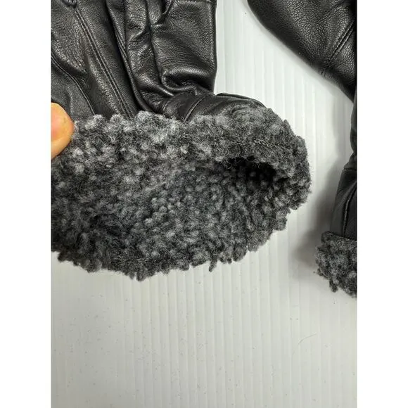 Black Leather Gloves with Plush Gray Fleece Lining Cold Weather size M - Image 5