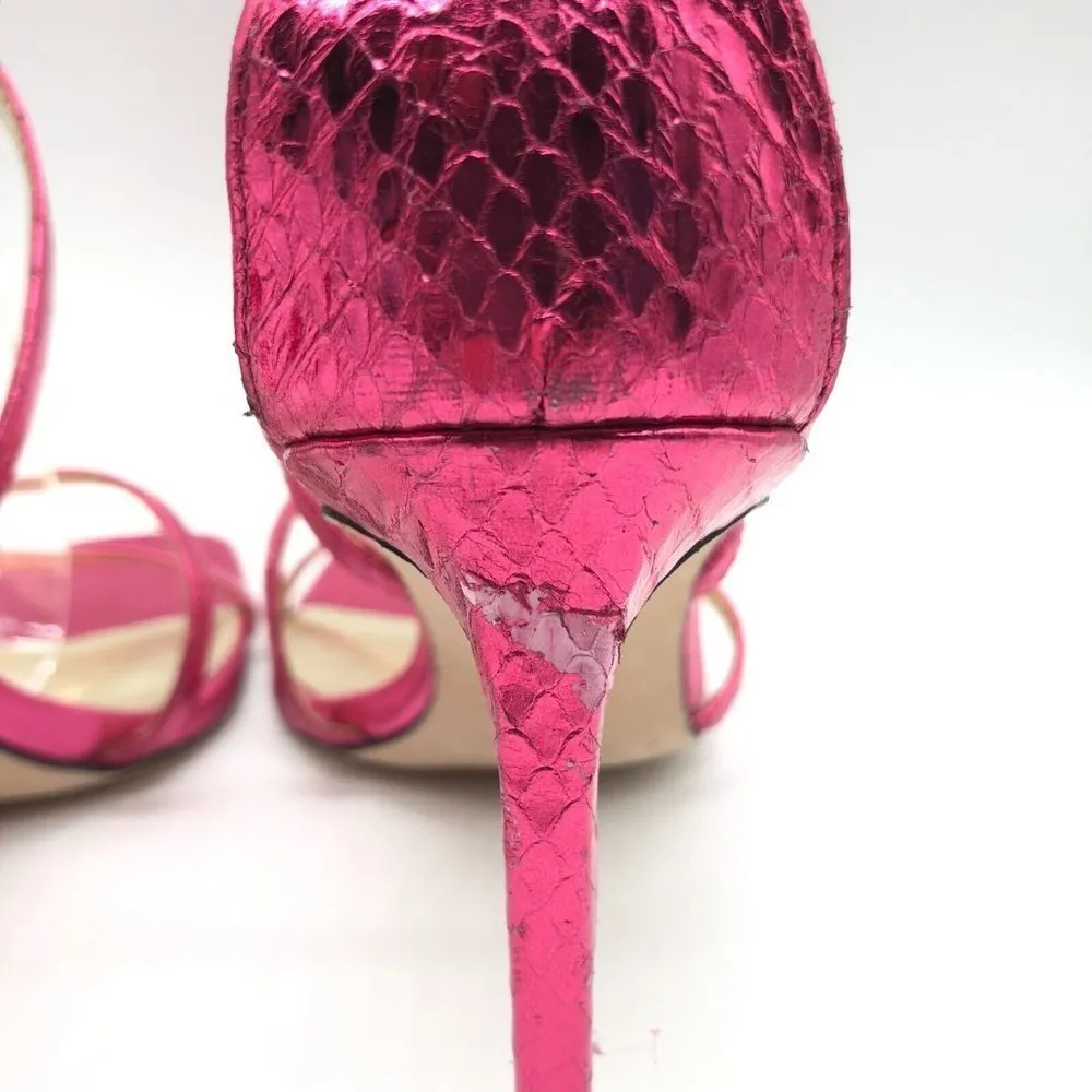 Paige Vera Genuine Snakeskin Strappy Heels Square Toe Pink Metallic 9 - Image 6