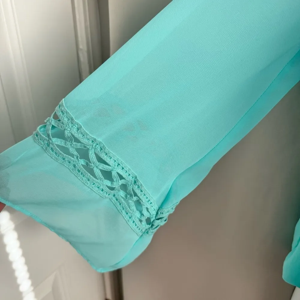 A. Byer Teal Chiffon Blouse with Three-Quarter Crochet Bell Sleeves - Image 4