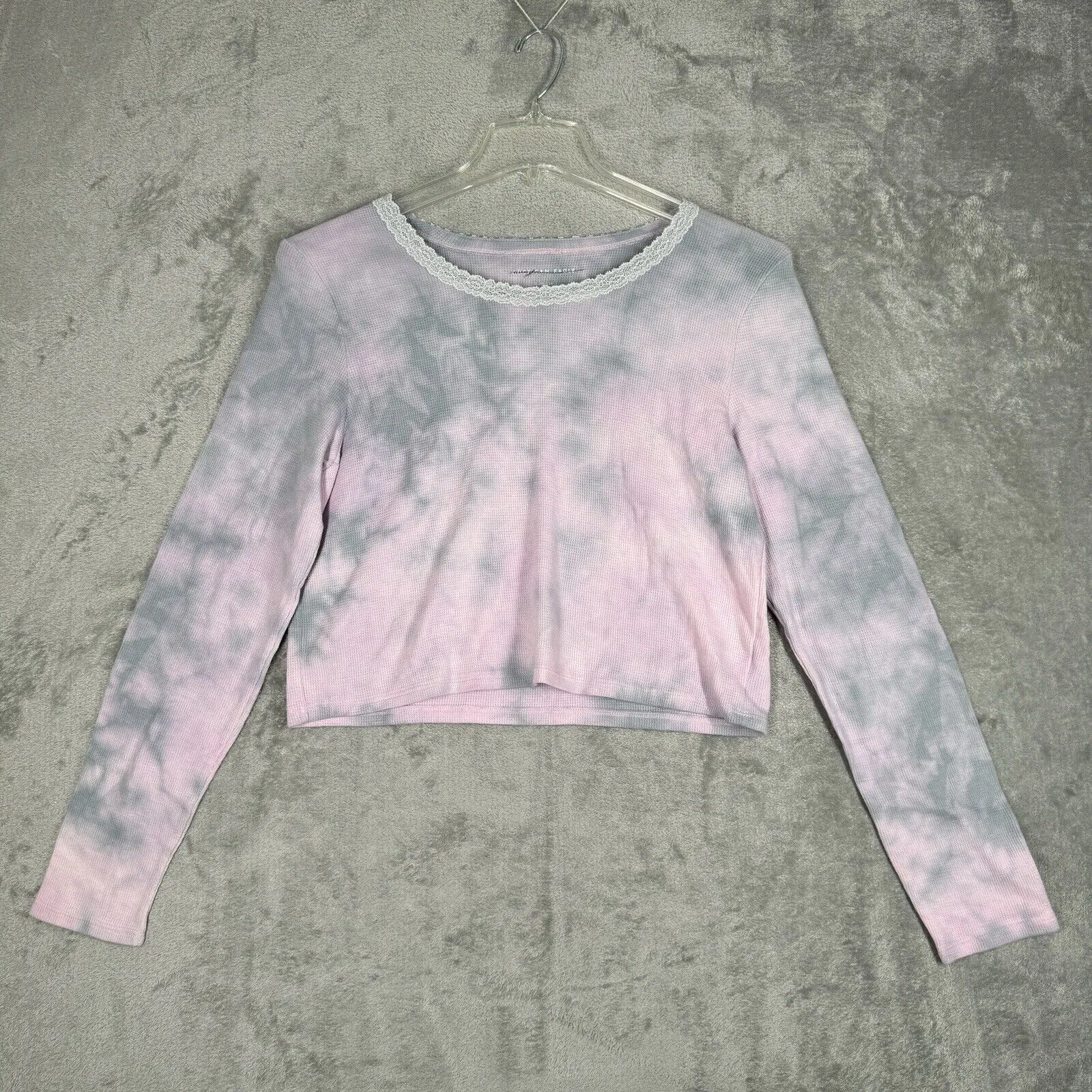 American Eagle Shirt Womens XL‎ Pink Gray Waffle Knit Crop Thermal Casual Lounge - Image 2