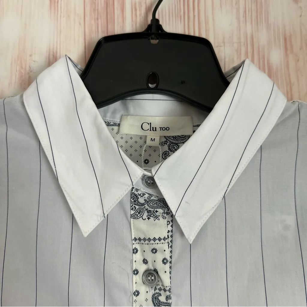 Clu Too White Striped Blue Bandana Paisley Mixed Media Printed Button Up Shirt Size M - Image 3