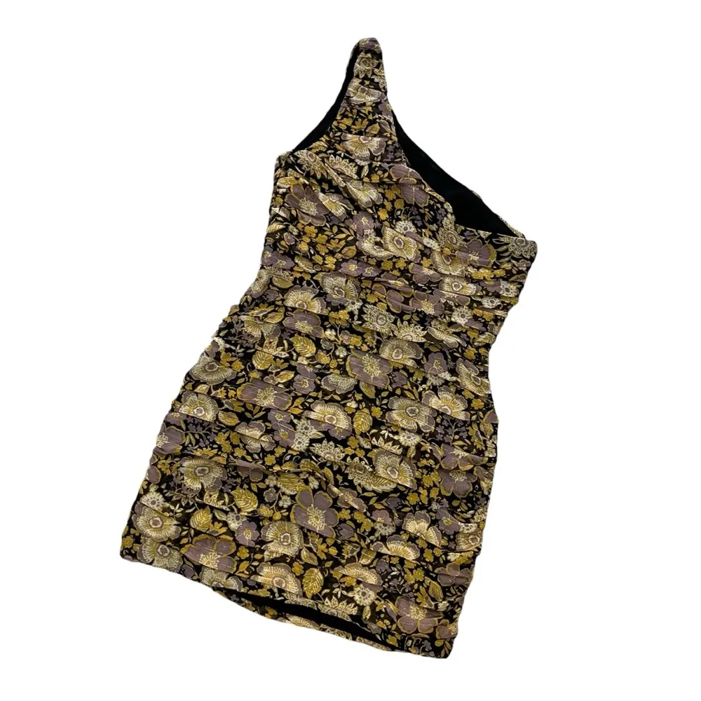 Zara Floral Yellow Purple Glitter Drape One Shoulder Bodycon Dress, Sz S - Image 7