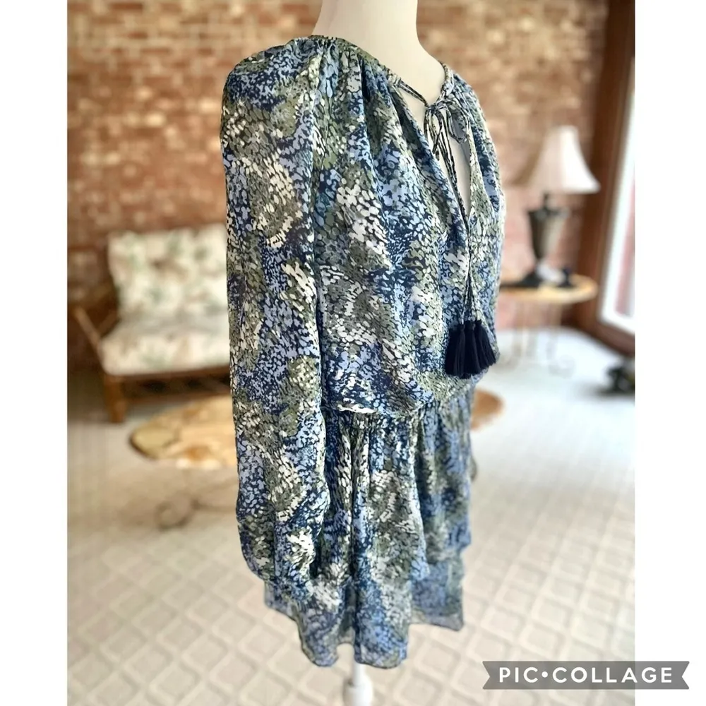 Ramy Brook Brinley Dress Mini Blouson Blue Sage Silk 8 Boho Chic Garden Party - Image 13