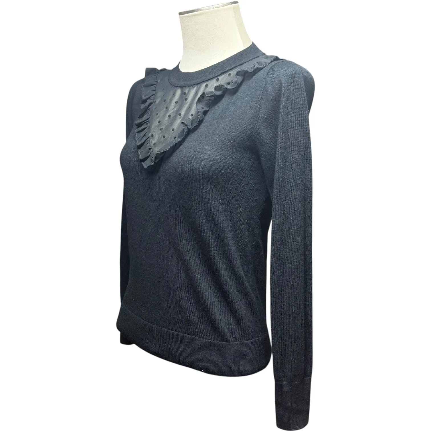 LOFT Wool Blend Ruffle Crew Neck Sweater Sheer Polka Dot Panel Black Small - Image 3