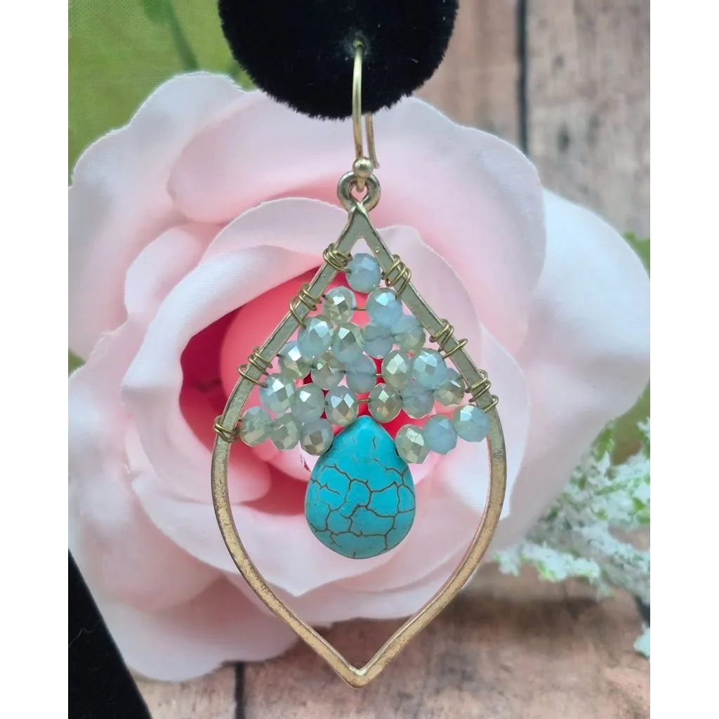 Gold Tone & Faux Turquoise Teardrop Earrings Hook Clasps Faceted Beads Statement - Image 2