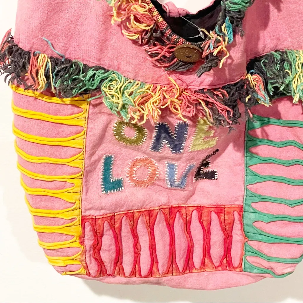 Vintage Cotton Made in Nepal Y2K Multi Color Tassel Shoulder Sling Bag‎ Pink - Image 2