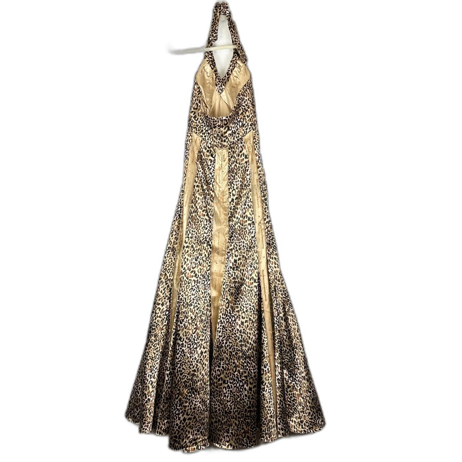 Vintage Y2K Kiss Kiss Formal Beaded Leopard Prom Dress Size 6 Halter Satin Gold - Image 2