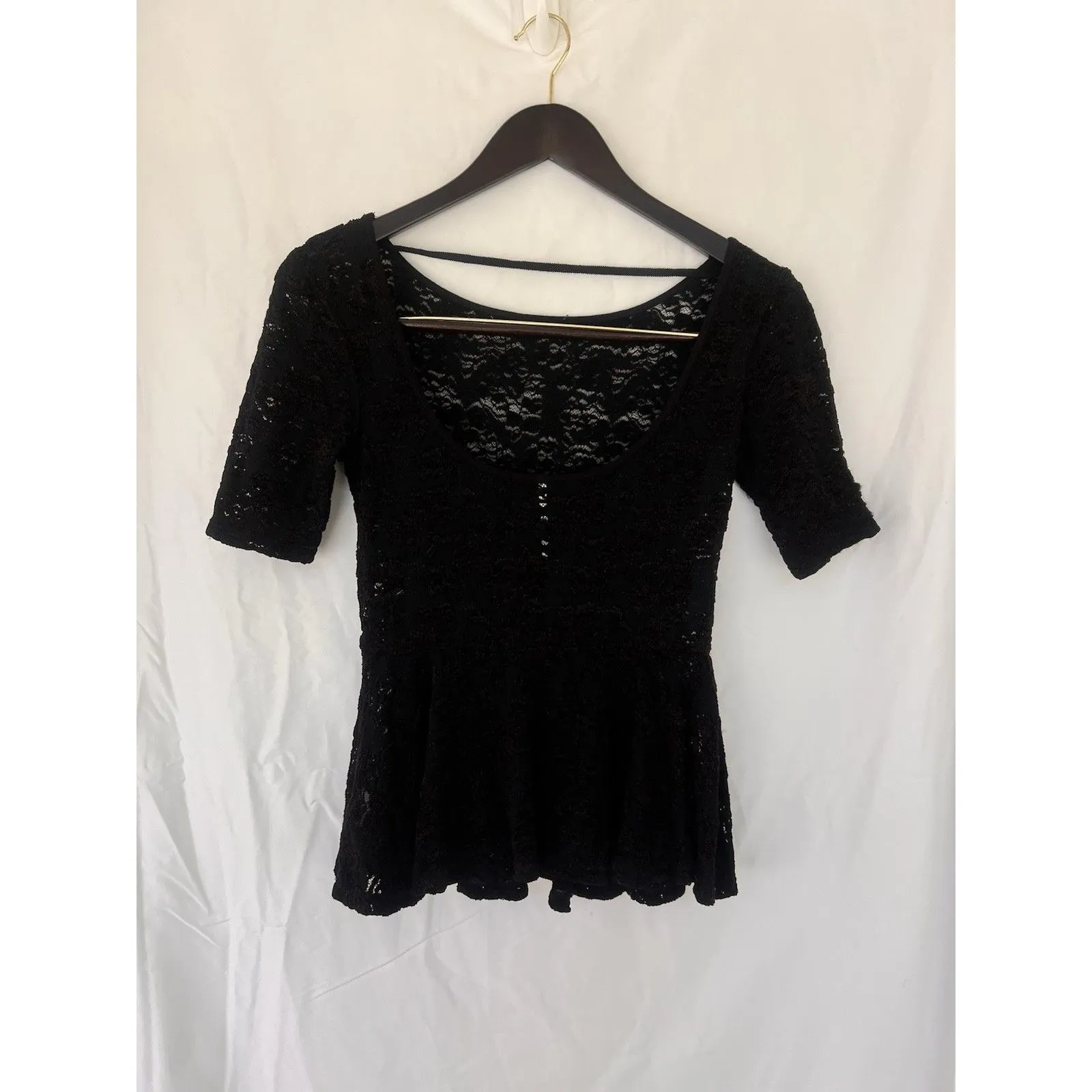 Free People Lace Peplum Top Black Floral Scoop Neck Size XS Romantic Goth Whimsy - Image 3