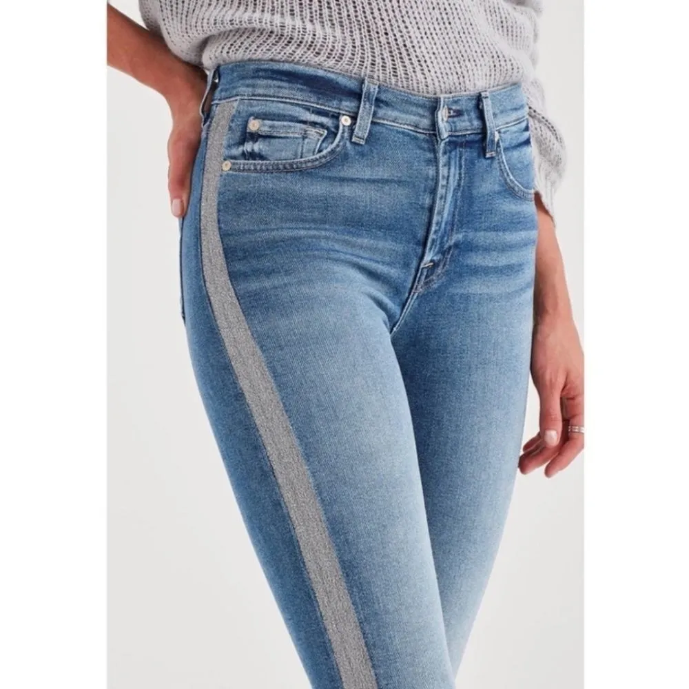 7 for All Mankind High Waist Ankle Skinny Blue Jeans with Silver Side Panels - Image 3