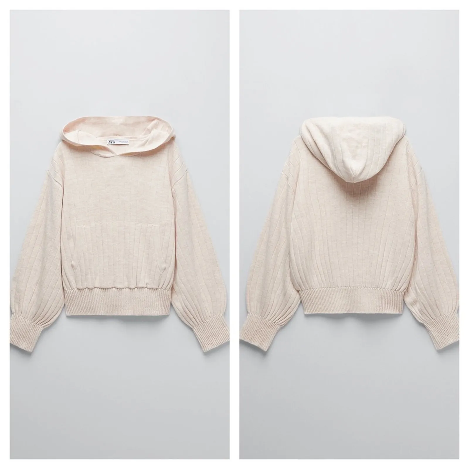 Zara Cream Cropped Knit Ribbed Oversized Comfy Hoodie Sweatshirt Medium Chic - Image 14